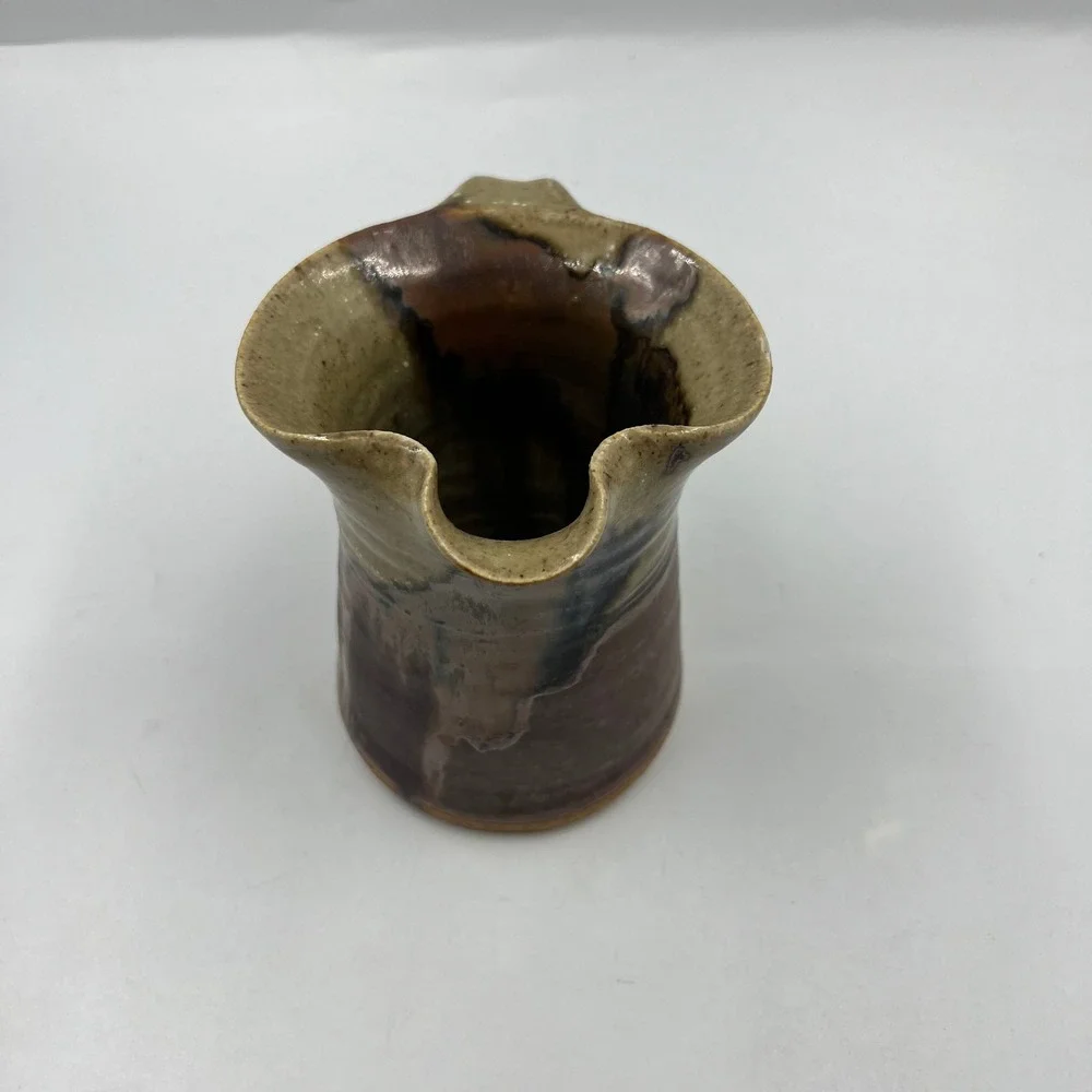 Vtg Handmade Stoneware Pitcher Brown Tan Drip Glaze Signed Studio Pottery